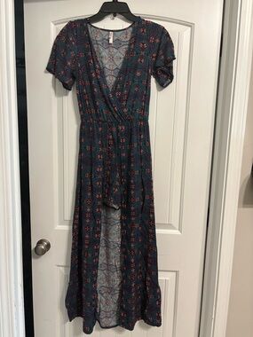 (386) Xhilaration Teal Maxi Dress with Coral Floral Print